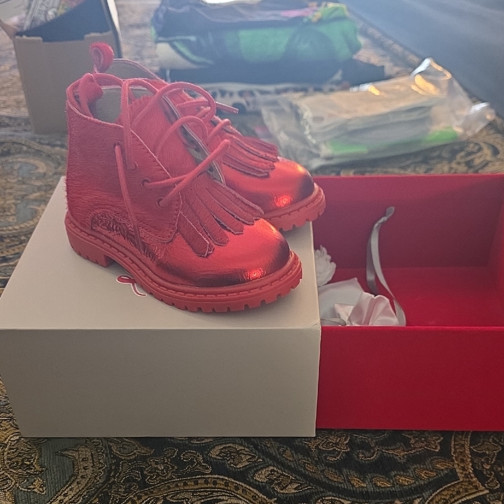 Shiny Pink Kids Fringe Boots